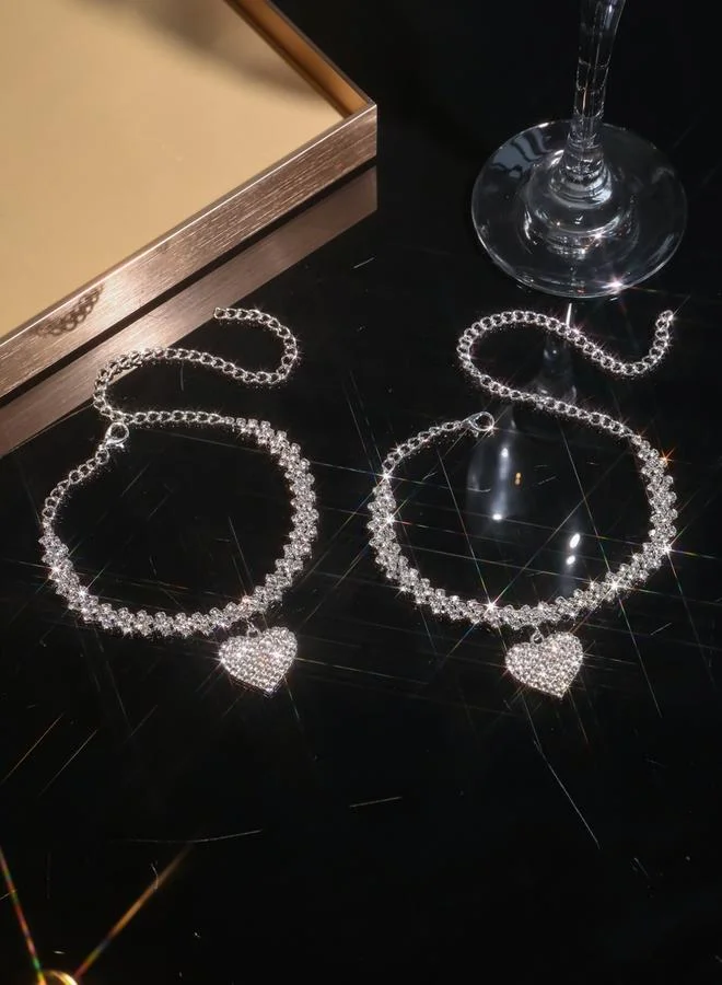 Take Two Women Silver Heart Rhinestone Anklet And Bracelet Set